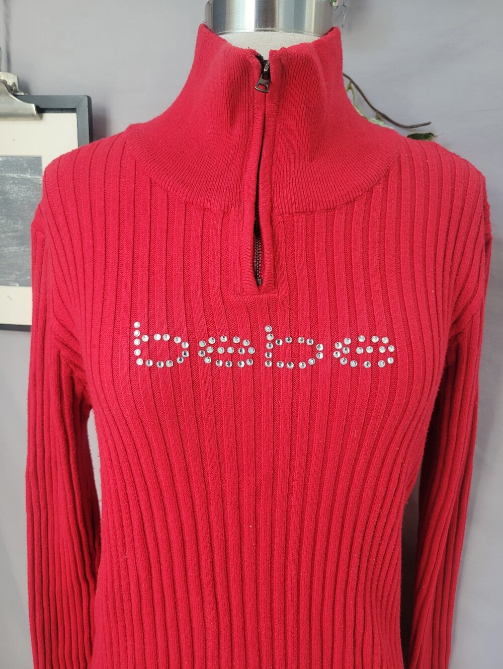 Bebe Ribbed Logo Embellished Rhinestone 1/4 Zip Sweater Red XL - Picture 5 of 11